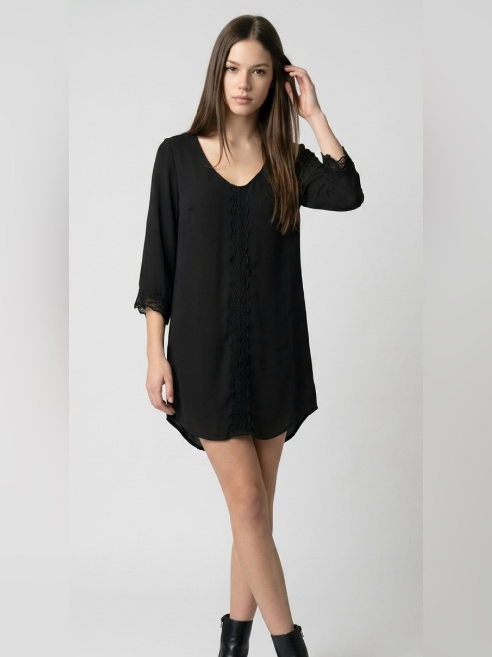 Astr The Label Black Chiffon Lace-Trim Boho Mini Tunic Dress